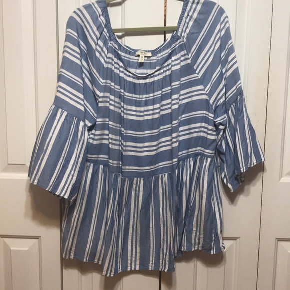 Tops - Blue and White Striped Off The Shoulder Top